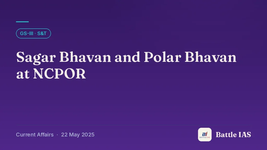 Battle IAS current affairs title card: Sagar Bhavan and Polar Bhavan at NCPOR (GS3 · S&T, 22 May 2025)