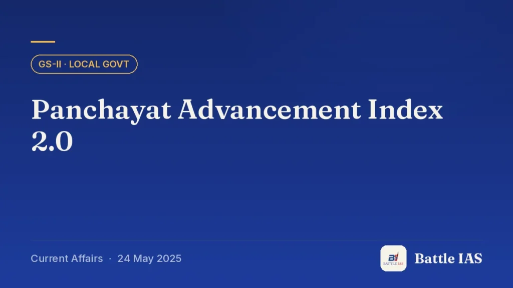 Battle IAS current affairs title card: Panchayat Advancement Index 2.0 (GS2 · Local govt, 24 May 2025)