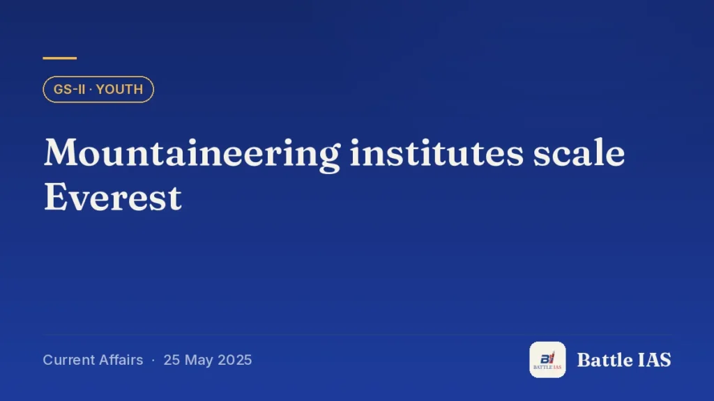 Battle IAS current affairs title card: Mountaineering institutes scale Everest (GS2 · Youth, 25 May 2025)