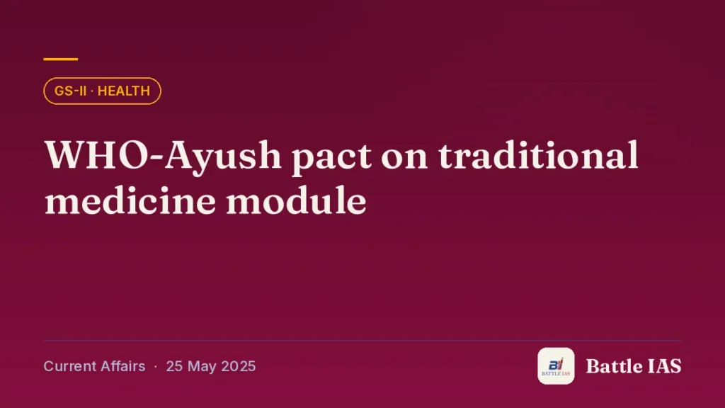 Battle IAS current affairs title card: WHO-Ayush pact on traditional medicine module (GS2 · Health, 25 May 2025)