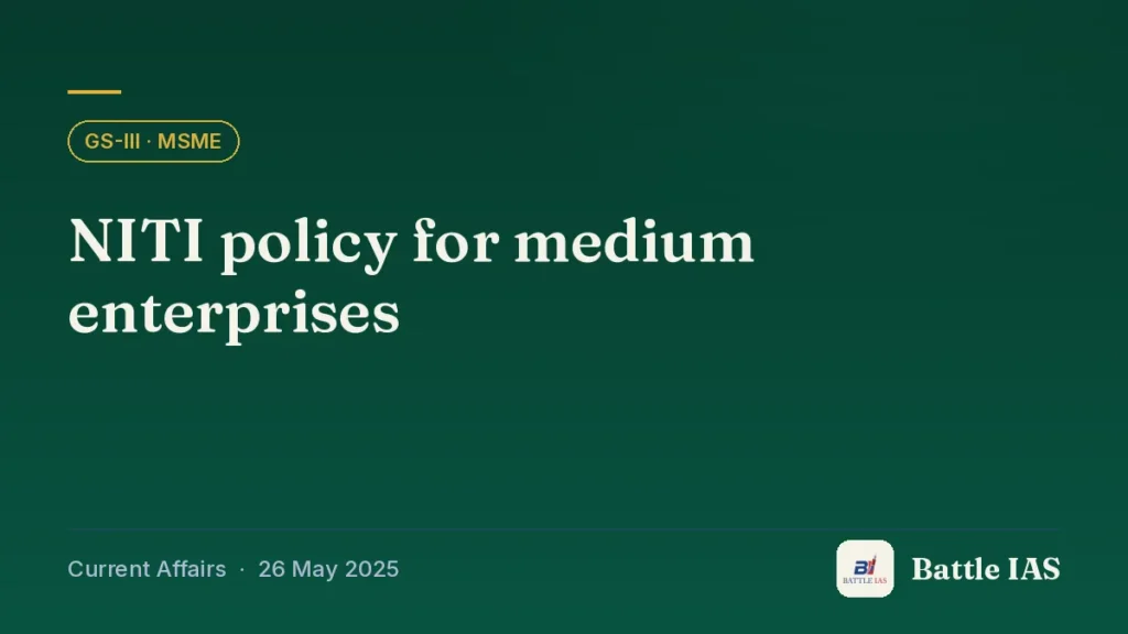 Battle IAS current affairs title card: NITI policy for medium enterprises (GS3 · MSME, 26 May 2025)