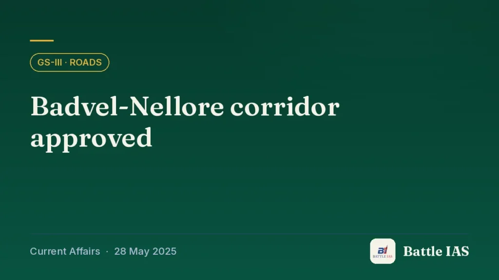 Battle IAS current affairs title card: Badvel-Nellore corridor approved (GS3 · Roads, 28 May 2025)