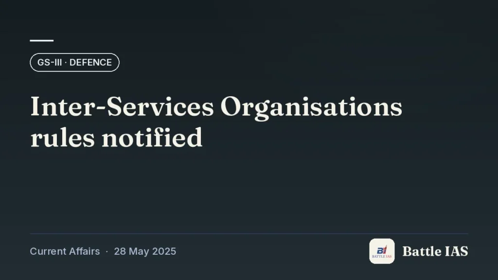 Battle IAS current affairs title card: Inter-Services Organisations rules notified (GS3 · Defence, 28 May 2025)