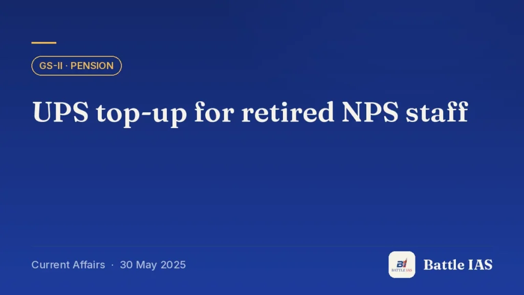 Battle IAS current affairs title card: UPS top-up for retired NPS staff (GS2 · Pension, 30 May 2025)