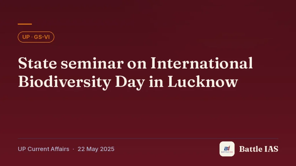 Battle IAS UP current affairs title card: State seminar on International Biodiversity Day in Lucknow (, 22 May 2025)