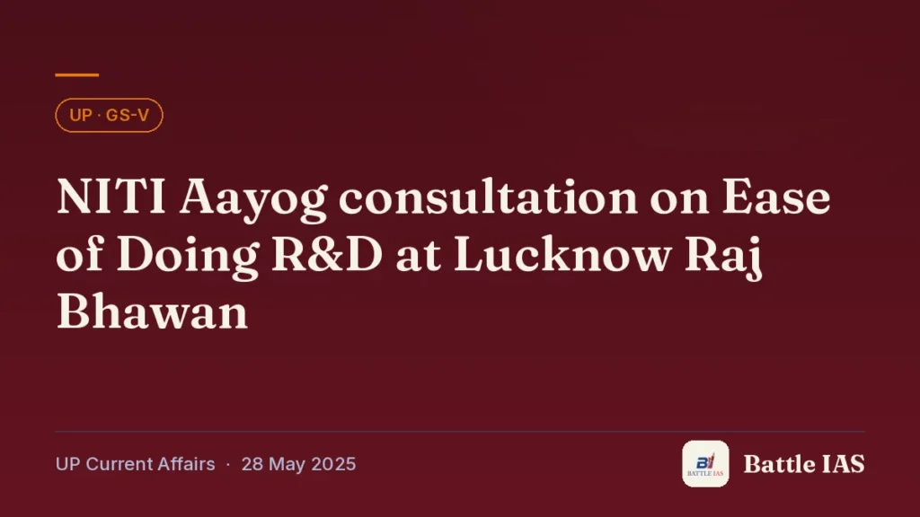 Battle IAS UP current affairs title card: NITI Aayog consultation on Ease of Doing R&D at Lucknow Raj Bhawan (, 28 May 2025)