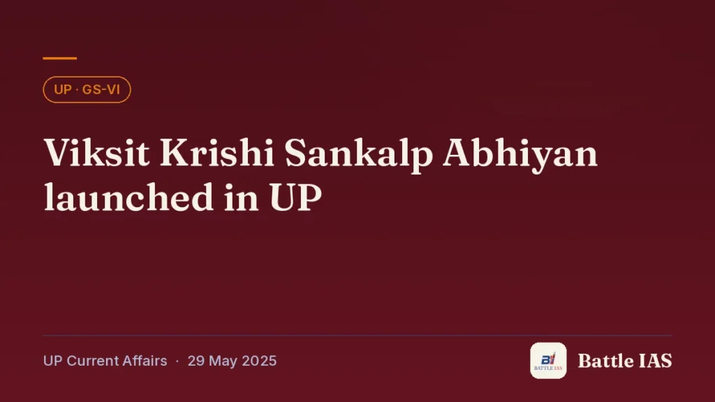 Battle IAS UP current affairs title card: Viksit Krishi Sankalp Abhiyan launched in UP (, 29 May 2025)