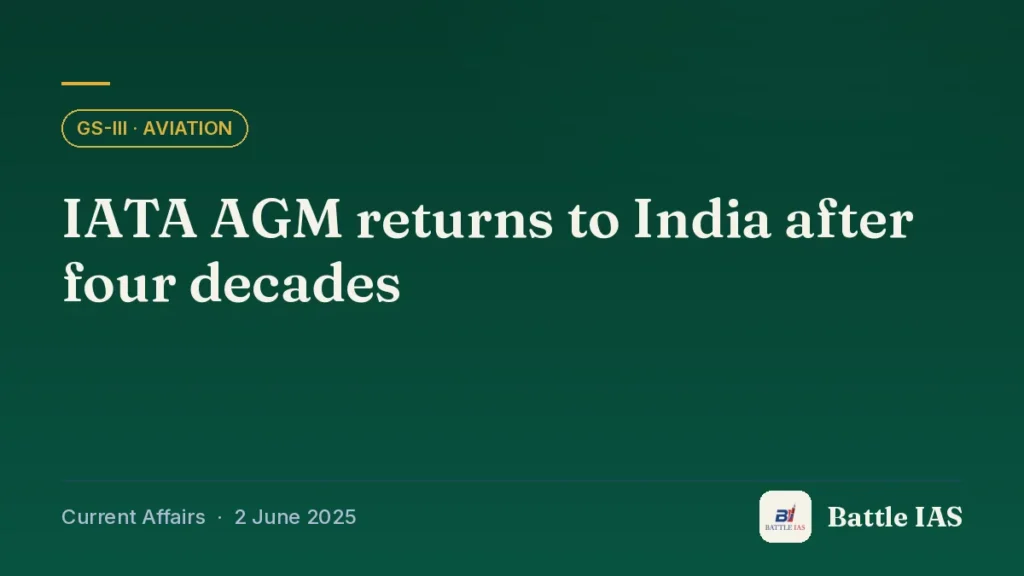 Battle IAS current affairs title card: IATA AGM returns to India after four decades (GS3 · Aviation, 2 June 2025)
