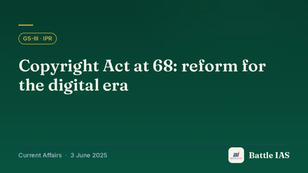 Battle IAS current affairs title card: Copyright Act at 68: reform for the digital era (GS3 · IPR, 3 June 2025)