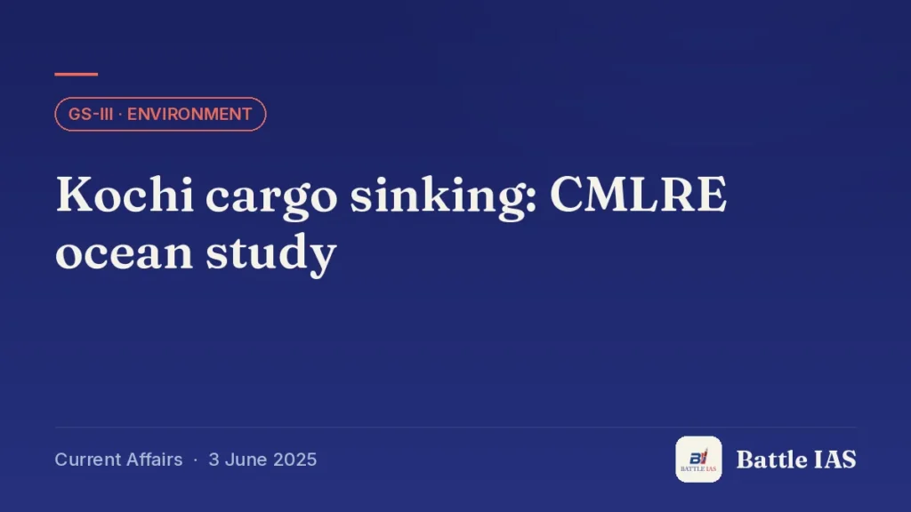Battle IAS current affairs title card: Kochi cargo sinking: CMLRE ocean study (GS3 · Environment, 3 June 2025)
