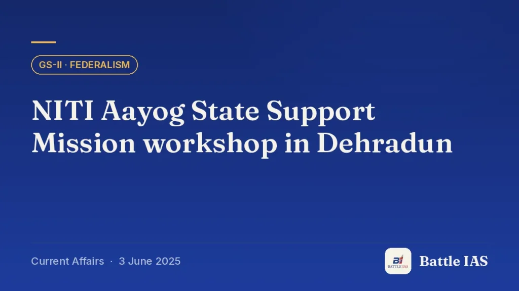 Battle IAS current affairs title card: NITI Aayog State Support Mission workshop in Dehradun (GS2 · Federalism, 3 June 2025)