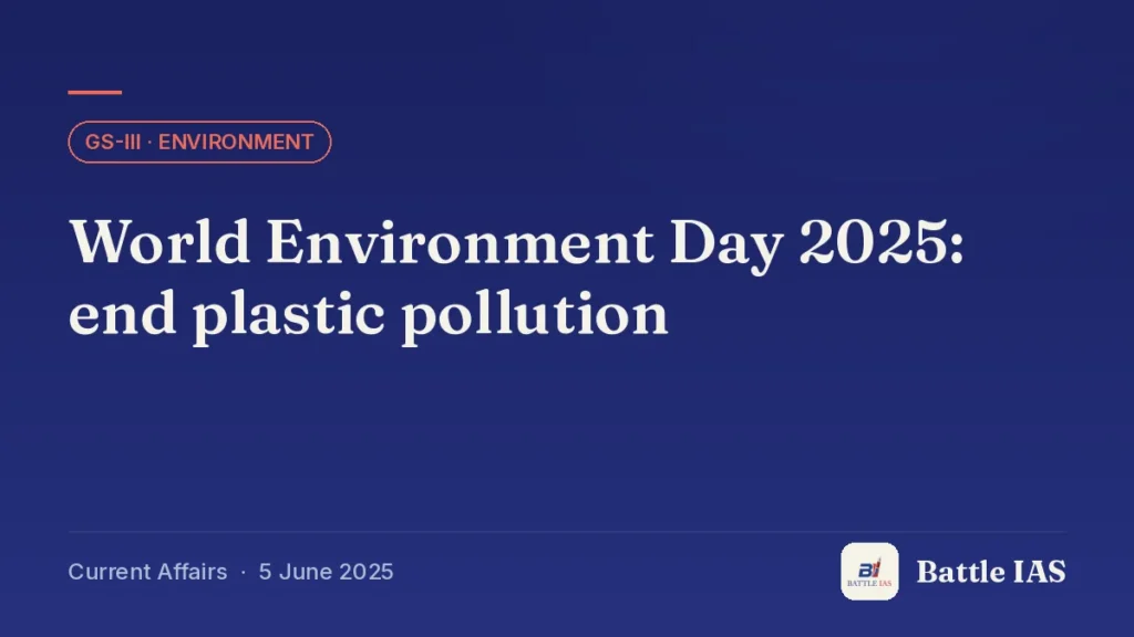 Battle IAS current affairs title card: World Environment Day 2025: end plastic pollution (GS3 · Environment, 5 June 2025)