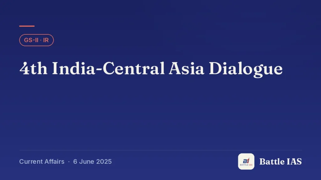 Battle IAS current affairs title card: 4th India-Central Asia Dialogue (GS2 · IR, 6 June 2025)
