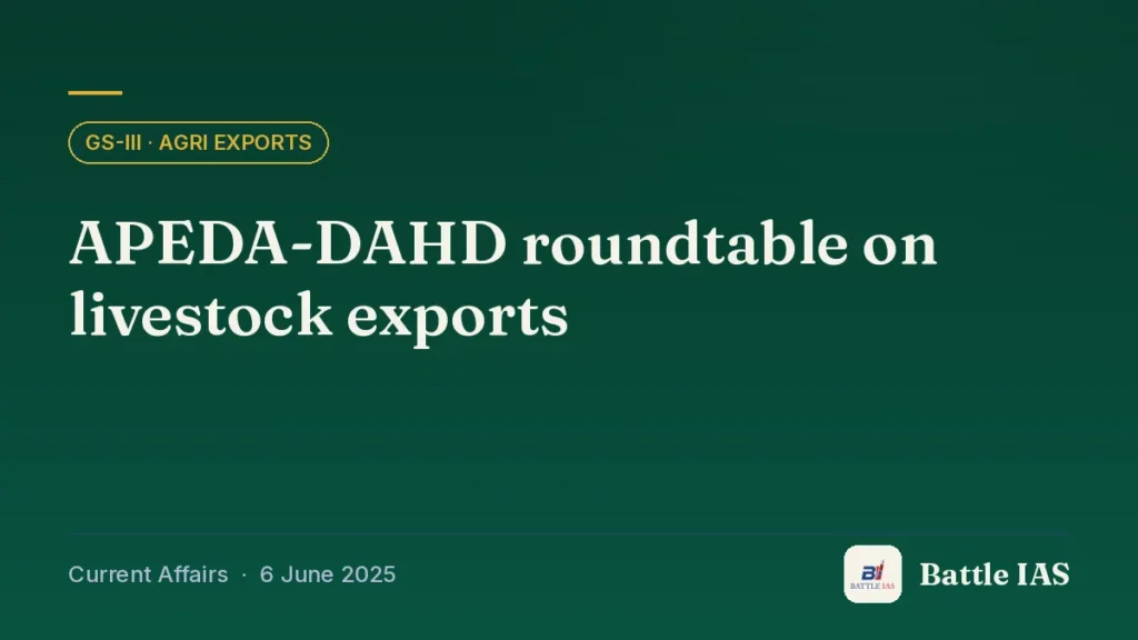 Battle IAS current affairs title card: APEDA-DAHD roundtable on livestock exports (GS3 · Agri exports, 6 June 2025)