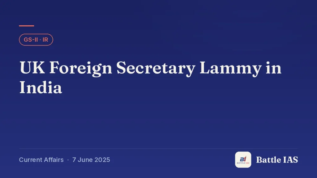 Battle IAS current affairs title card: UK Foreign Secretary Lammy in India (GS2 · IR, 7 June 2025)