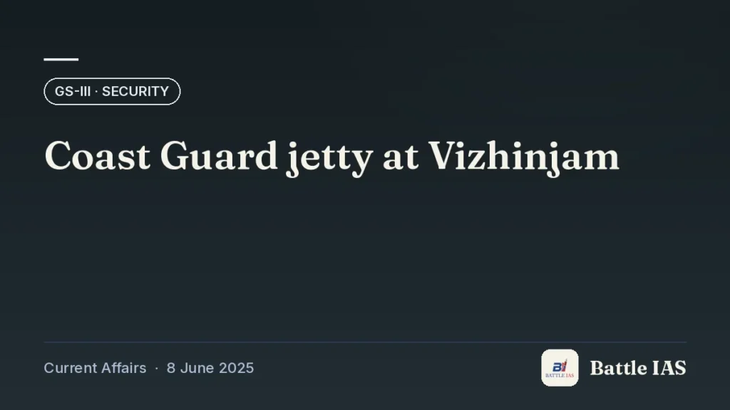 Battle IAS current affairs title card: Coast Guard jetty at Vizhinjam (GS3 · Security, 8 June 2025)