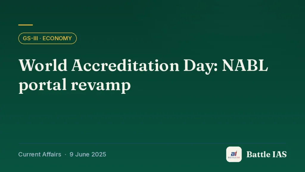 Battle IAS current affairs title card: World Accreditation Day: NABL portal revamp (GS3 · Economy, 9 June 2025)