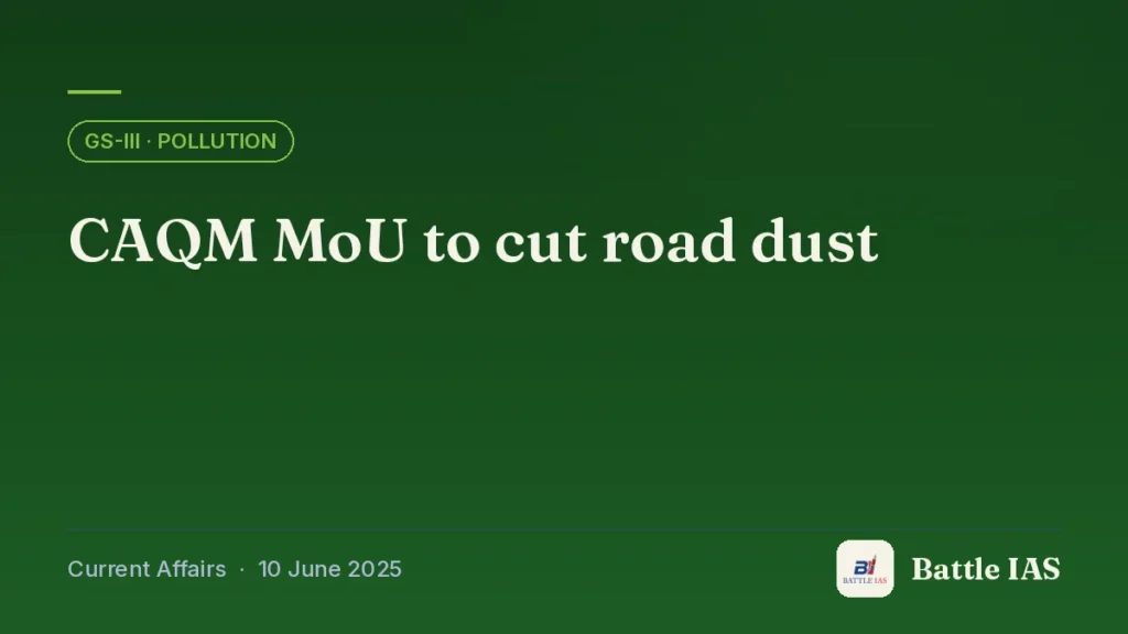 Battle IAS current affairs title card: CAQM MoU to cut road dust (GS3 · Pollution, 10 June 2025)