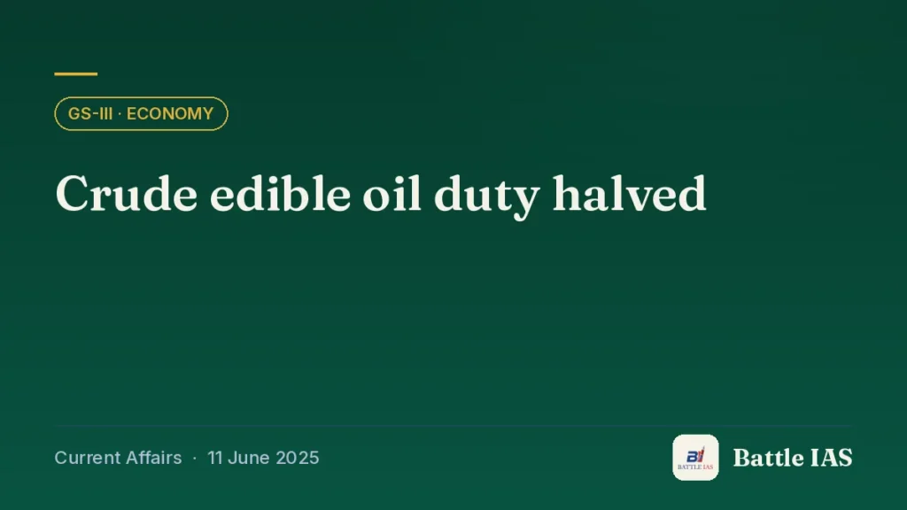 Battle IAS current affairs title card: Crude edible oil duty halved (GS3 · Economy, 11 June 2025)