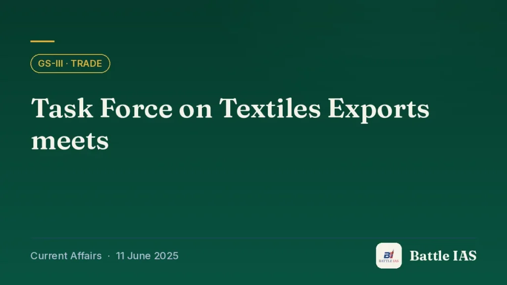 Battle IAS current affairs title card: Task Force on Textiles Exports meets (GS3 · Trade, 11 June 2025)