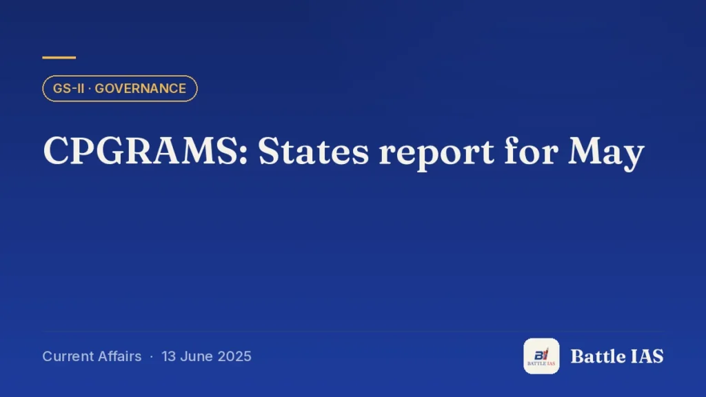Battle IAS current affairs title card: CPGRAMS: States report for May (GS2 · Governance, 13 June 2025)