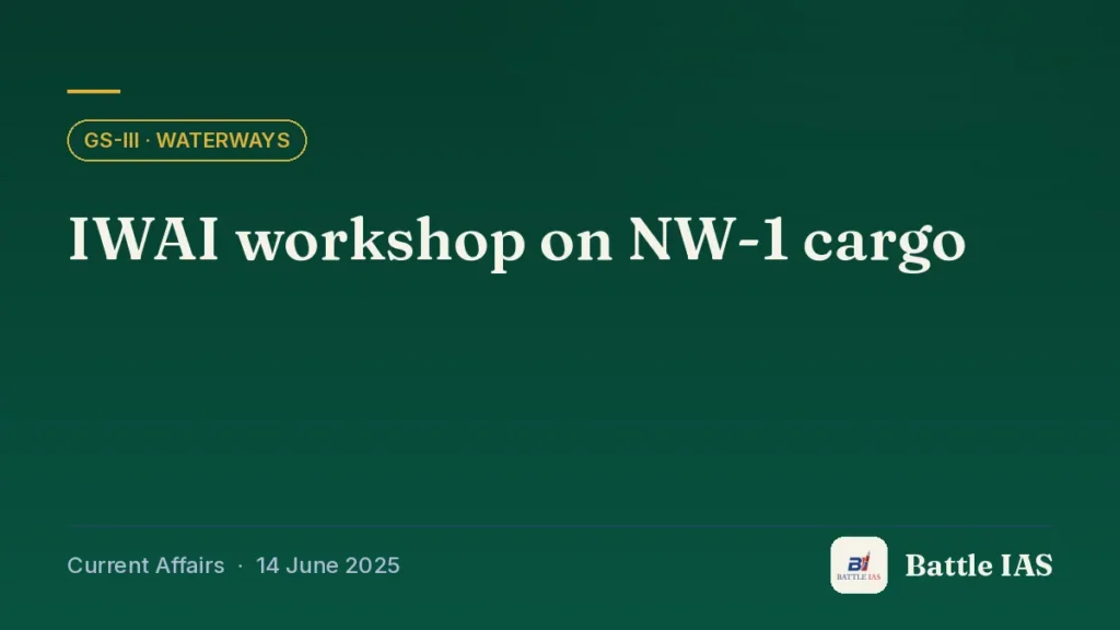 Battle IAS current affairs title card: IWAI workshop on NW-1 cargo (GS3 · Waterways, 14 June 2025)
