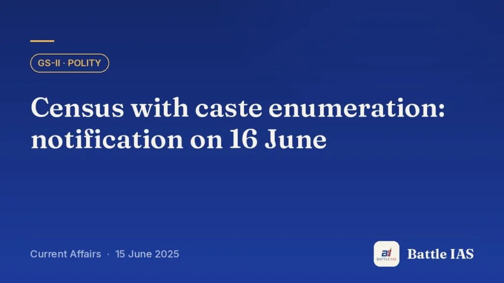 Battle IAS current affairs title card: Census with caste enumeration: notification on 16 June (GS2 · Polity, 15 June 2025)