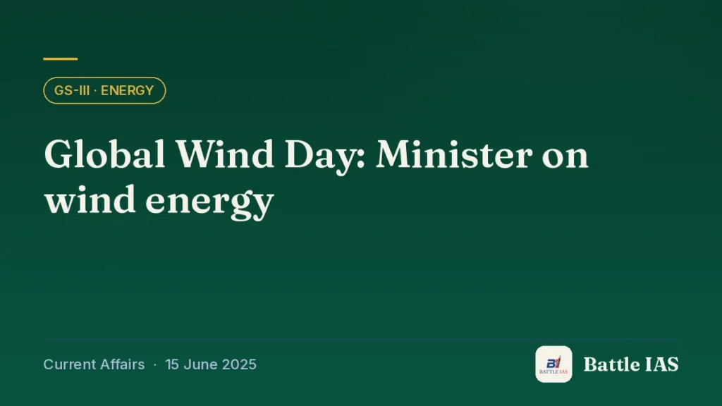 Battle IAS current affairs title card: Global Wind Day: Minister on wind energy (GS3 · Energy, 15 June 2025)