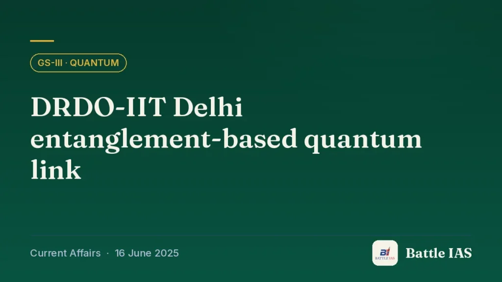 Battle IAS current affairs title card: DRDO-IIT Delhi entanglement-based quantum link (GS3 · Quantum, 16 June 2025)