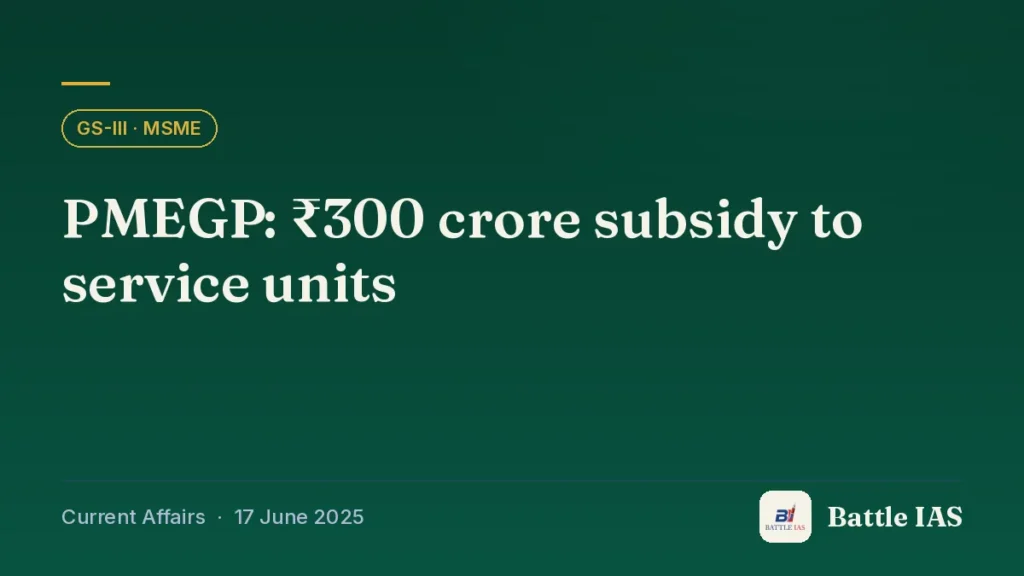 Battle IAS current affairs title card: PMEGP: ₹300 crore subsidy to service units (GS3 · MSME, 17 June 2025)