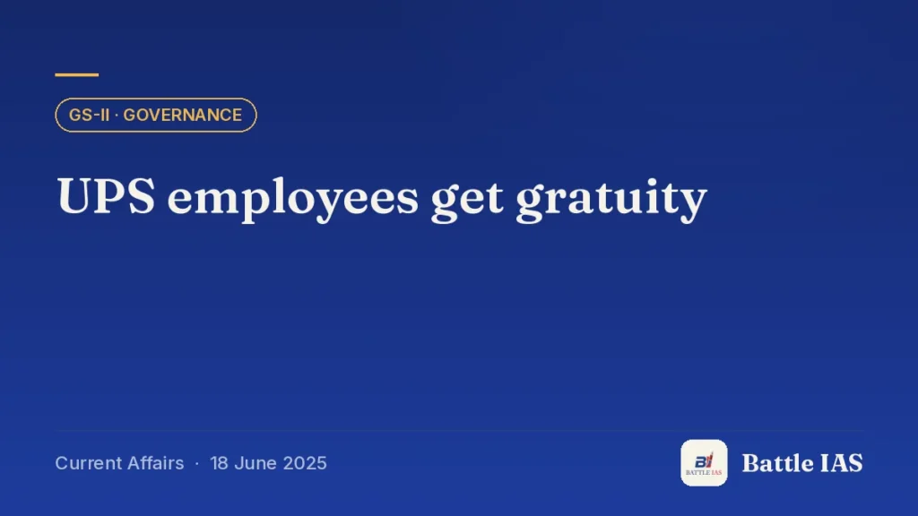 Battle IAS current affairs title card: UPS employees get gratuity (GS2 · Governance, 18 June 2025)