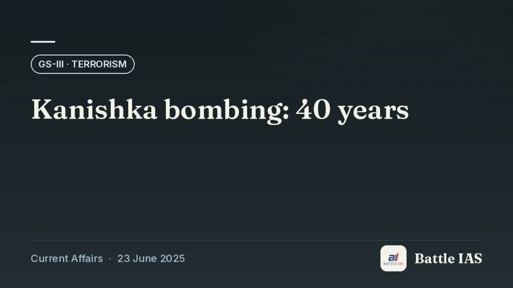 Battle IAS current affairs title card: Kanishka bombing: 40 years (GS3 · Terrorism, 23 June 2025)