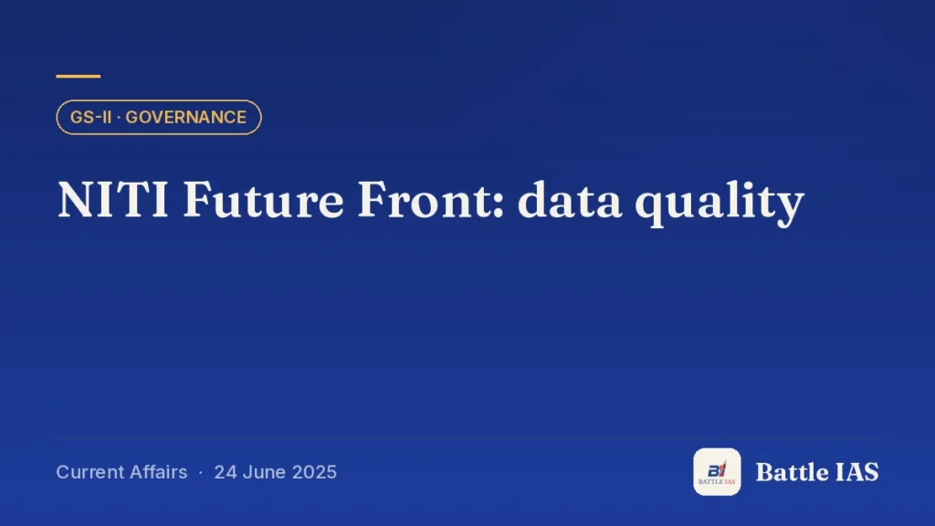 Battle IAS current affairs title card: NITI Future Front: data quality (GS2 · Governance, 24 June 2025)