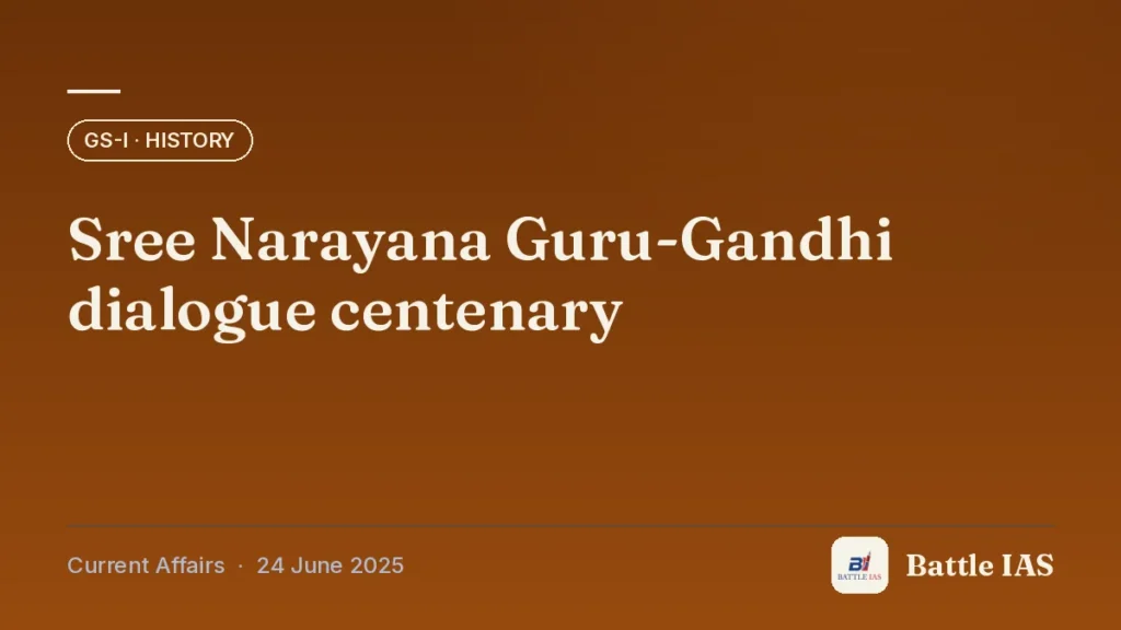 Battle IAS current affairs title card: Sree Narayana Guru-Gandhi dialogue centenary (GS1 · History, 24 June 2025)