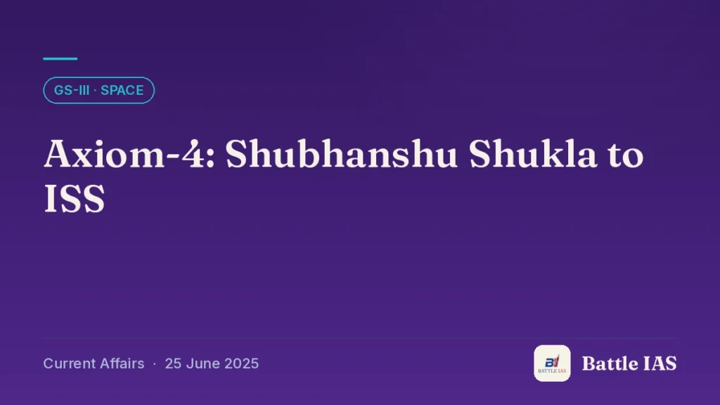 Battle IAS current affairs title card: Axiom-4: Shubhanshu Shukla to ISS (GS3 · Space, 25 June 2025)