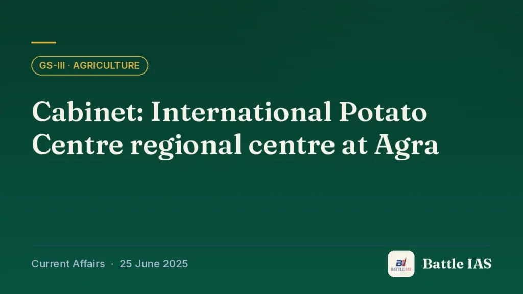 Battle IAS current affairs title card: Cabinet: International Potato Centre regional centre at Agra (GS3 · Agriculture, 25 June 2025)