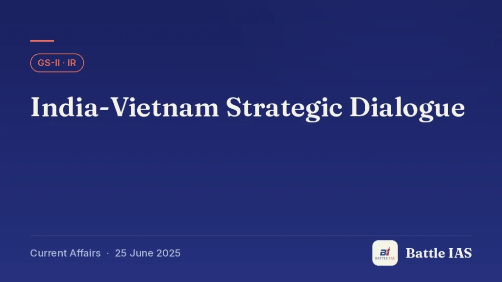 Battle IAS current affairs title card: India-Vietnam Strategic Dialogue (GS2 · IR, 25 June 2025)