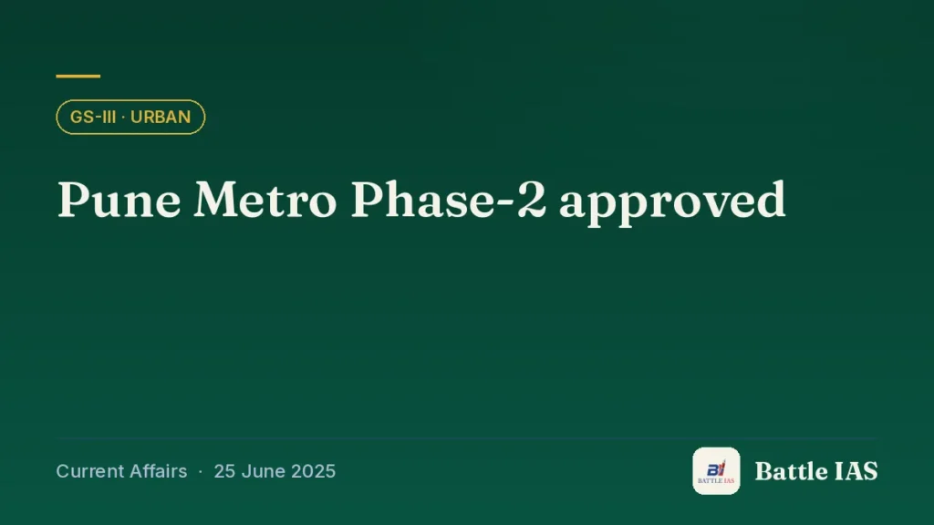 Battle IAS current affairs title card: Pune Metro Phase-2 approved (GS3 · Urban, 25 June 2025)