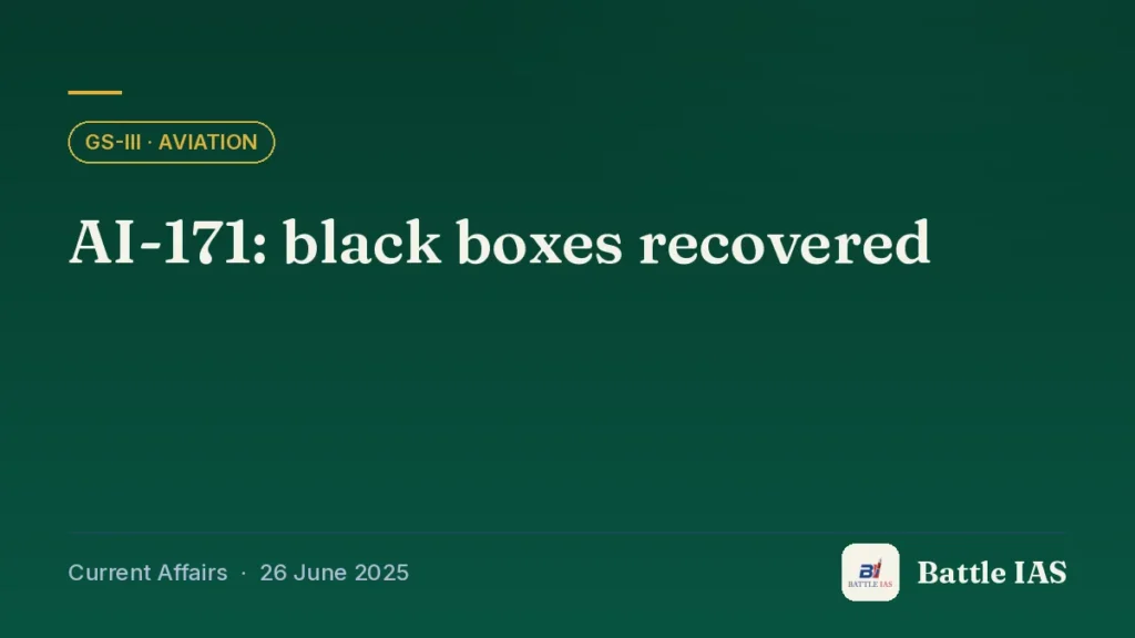 Battle IAS current affairs title card: AI-171: black boxes recovered (GS3 · Aviation, 26 June 2025)