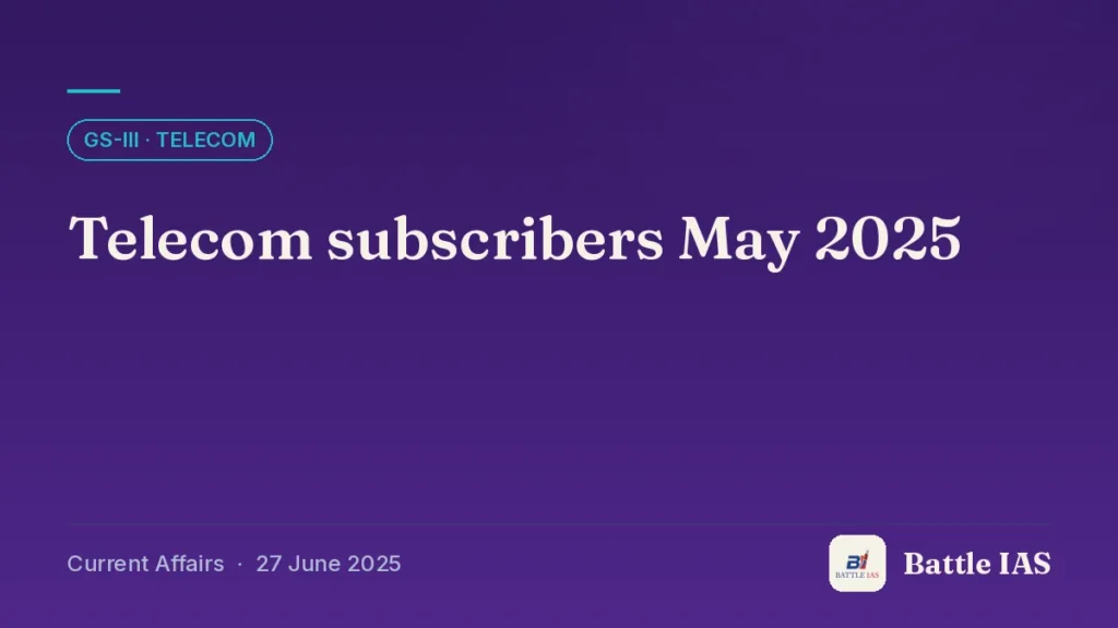 Battle IAS current affairs title card: Telecom subscribers May 2025 (GS3 · Telecom, 27 June 2025)