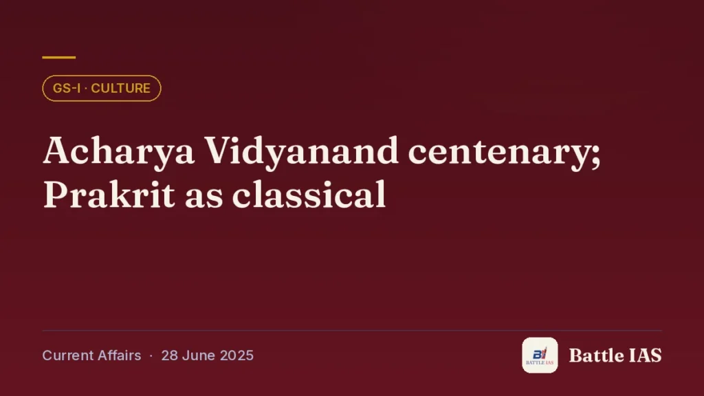 Battle IAS current affairs title card: Acharya Vidyanand centenary; Prakrit as classical (GS1 · Culture, 28 June 2025)