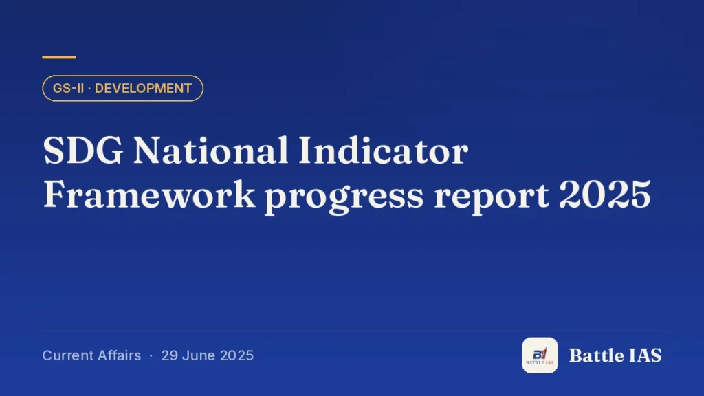 Battle IAS current affairs title card: SDG National Indicator Framework progress report 2025 (GS2 · Development, 29 June 2025)