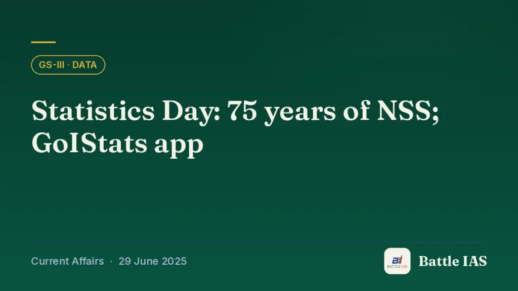 Battle IAS current affairs title card: Statistics Day: 75 years of NSS; GoIStats app (GS3 · Data, 29 June 2025)