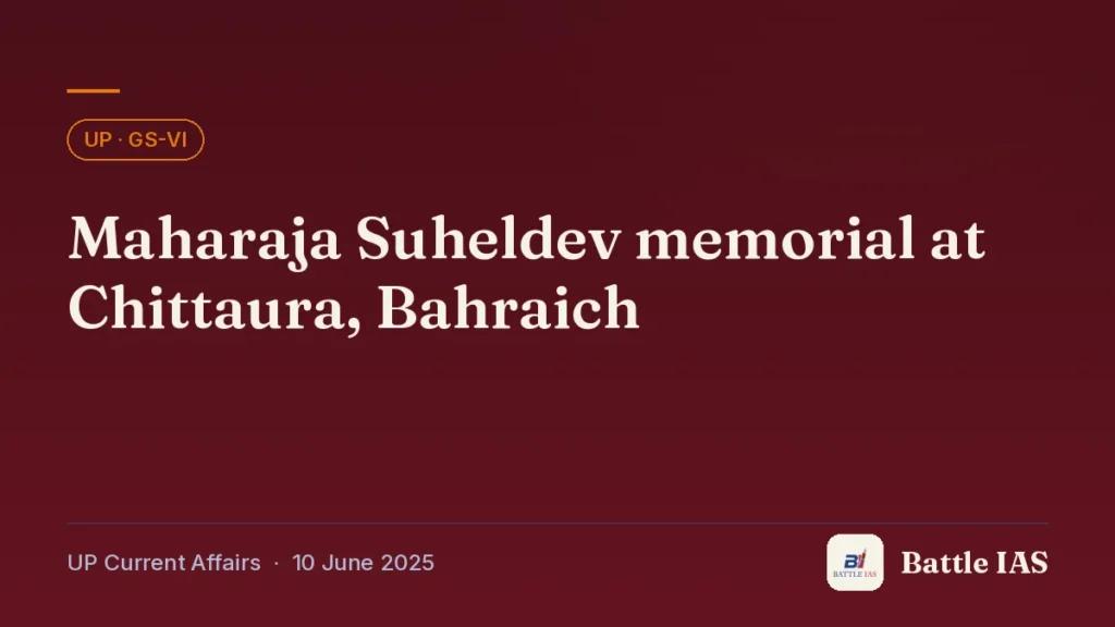 Battle IAS UP current affairs title card: Maharaja Suheldev memorial at Chittaura, Bahraich (, 10 June 2025)