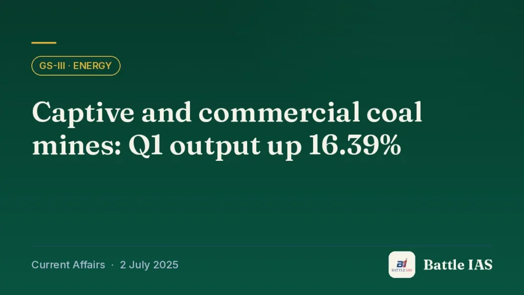 Battle IAS current affairs title card: Captive and commercial coal mines: Q1 output up 16.39% (GS3 · Energy, 2 July 2025)