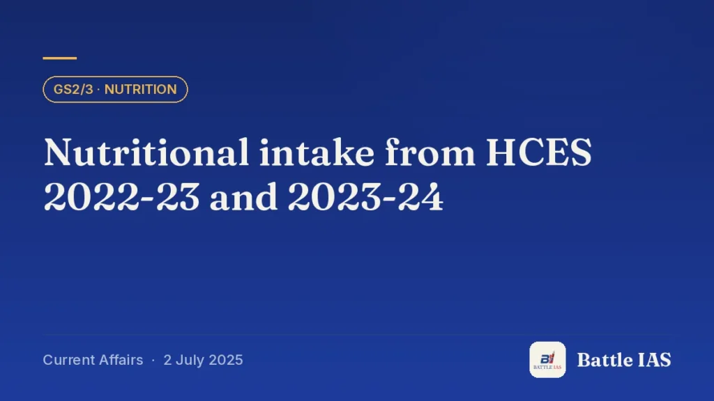 Battle IAS current affairs title card: Nutritional intake from HCES 2022-23 and 2023-24 (GS2/3 · Nutrition, 2 July 2025)