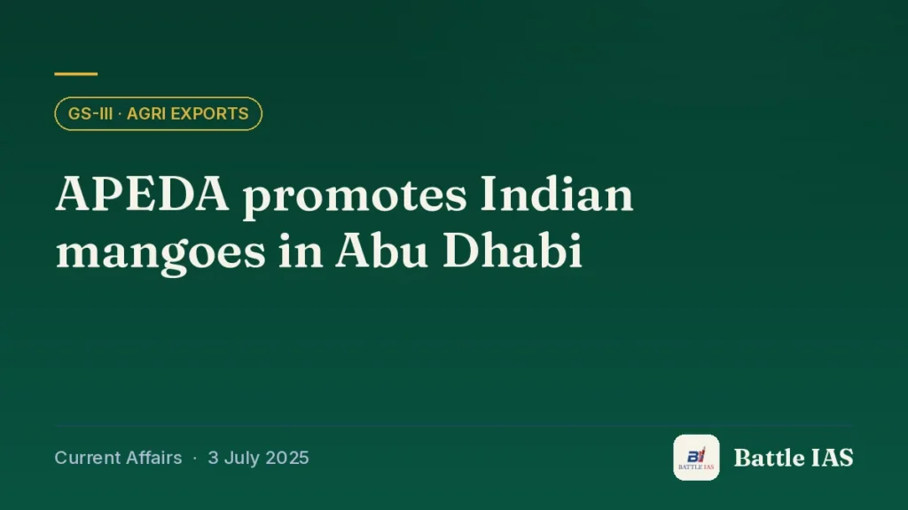 Battle IAS current affairs title card: APEDA promotes Indian mangoes in Abu Dhabi (GS3 · Agri exports, 3 July 2025)