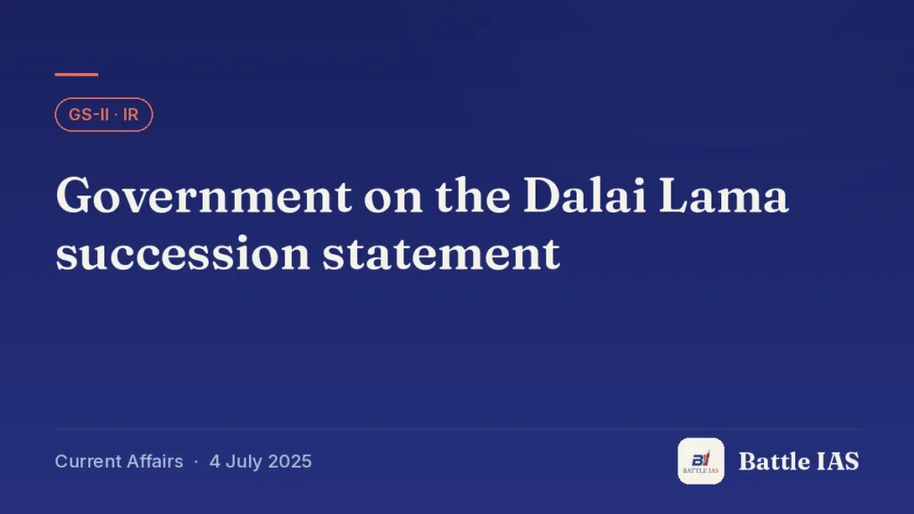 Battle IAS current affairs title card: Government on the Dalai Lama succession statement (GS2 · IR, 4 July 2025)
