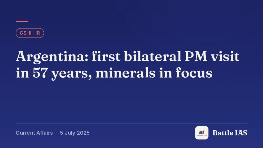Battle IAS current affairs title card: Argentina: first bilateral PM visit in 57 years, minerals in focus (GS2 · IR, 5 July 2025)