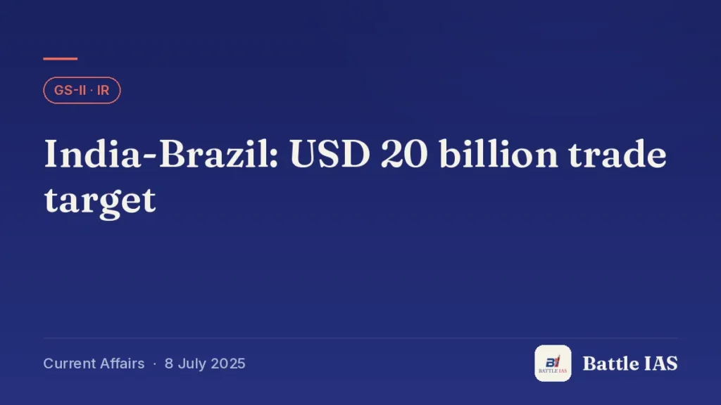 Battle IAS current affairs title card: India-Brazil: USD 20 billion trade target (GS2 · IR, 8 July 2025)
